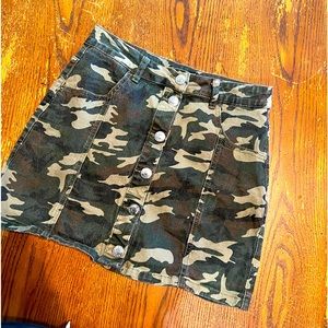 Camo high rise jean skirt